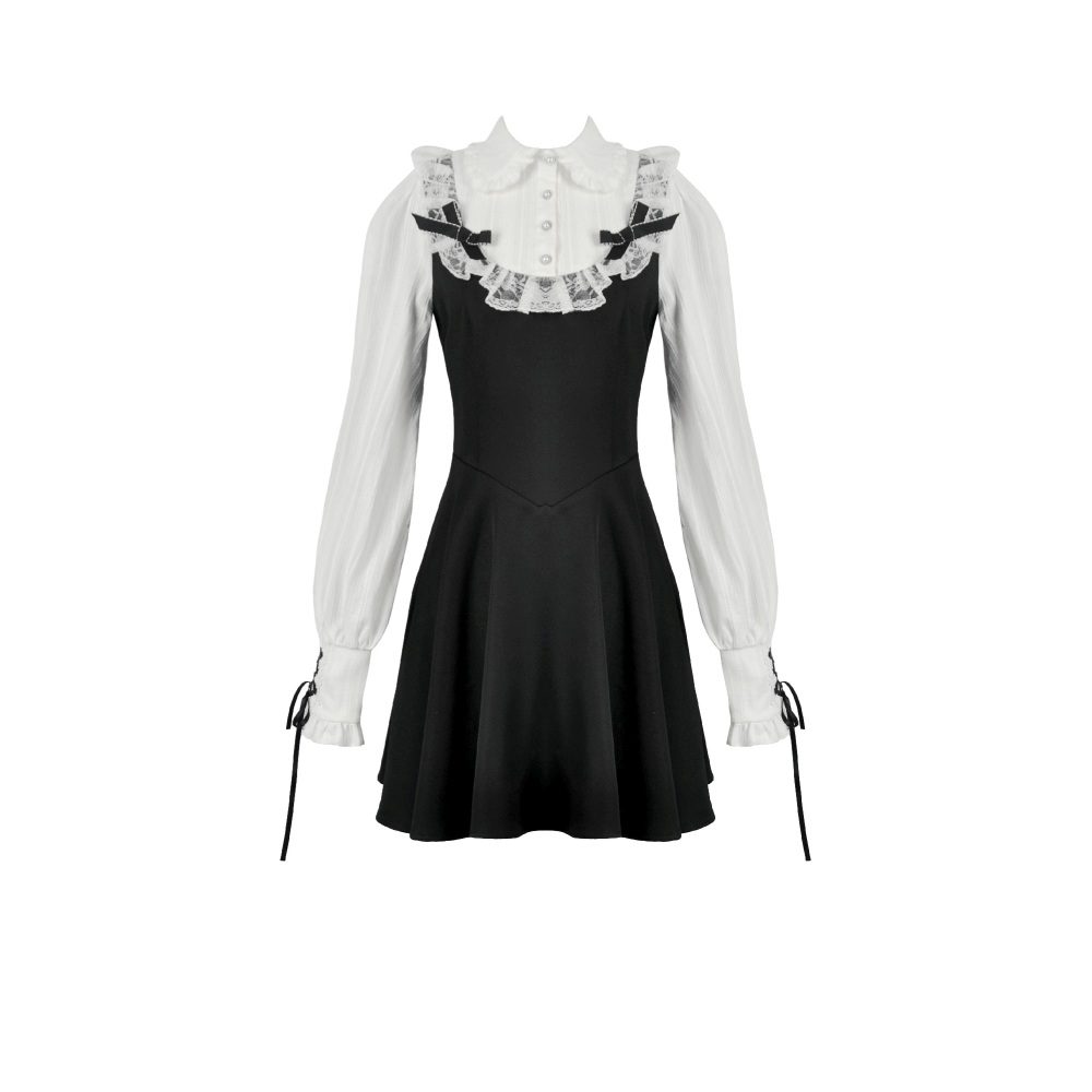 Dark in Love - Dolly Lolita Style Faux TwoPiece Ribbon Short dress - Black/White